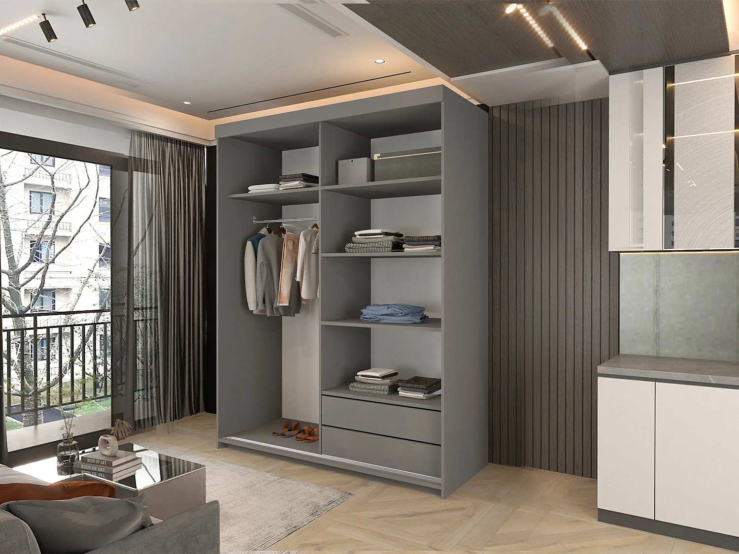 Full Mirror Sliding Door Wardrobe with Shelves & Drawers - grey 150cm - Downtown