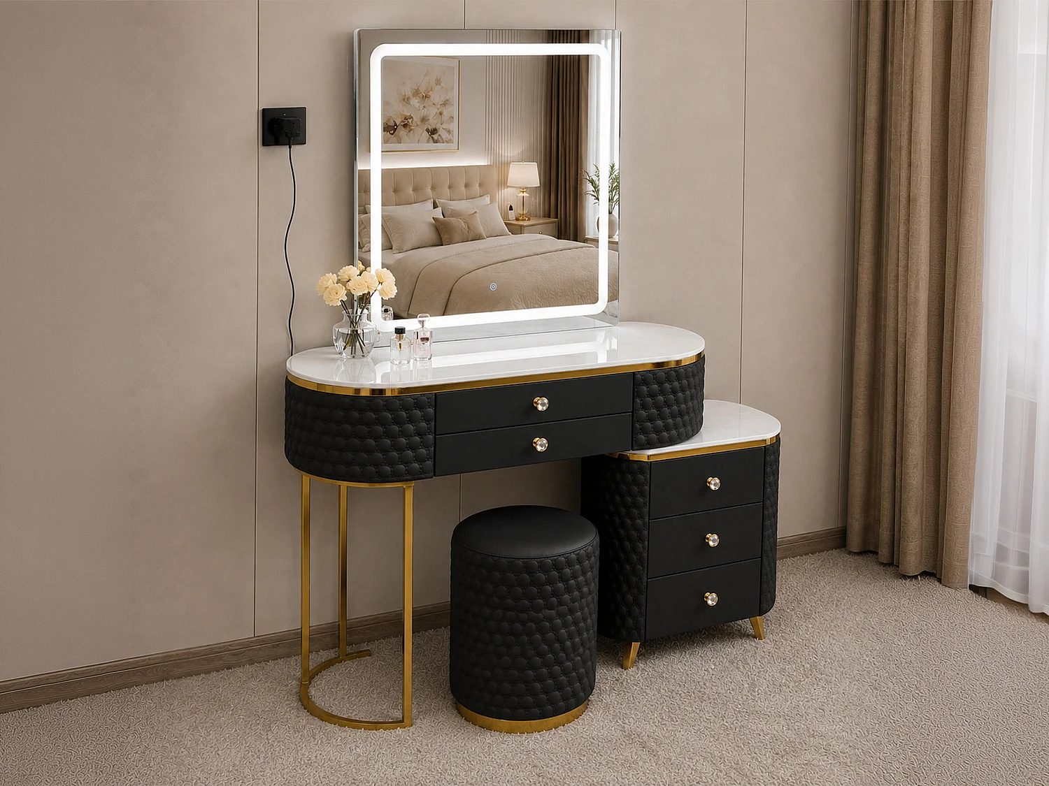 Dressing Table with LED Mirror and 5 Drawers Storage - balck W130  - Lumera