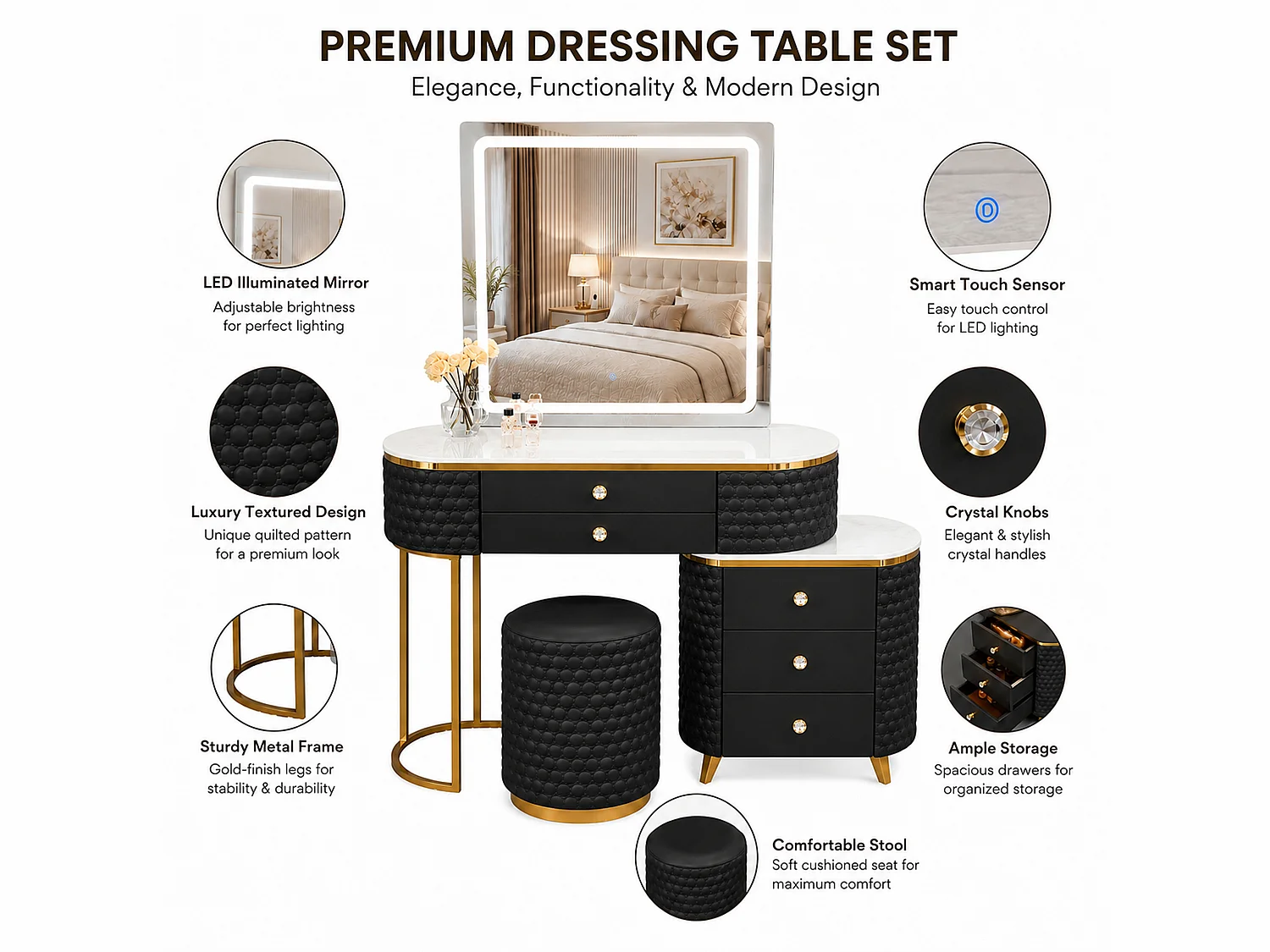 Dressing Table with LED Mirror and 5 Drawers Storage - balck W130  - Lumera