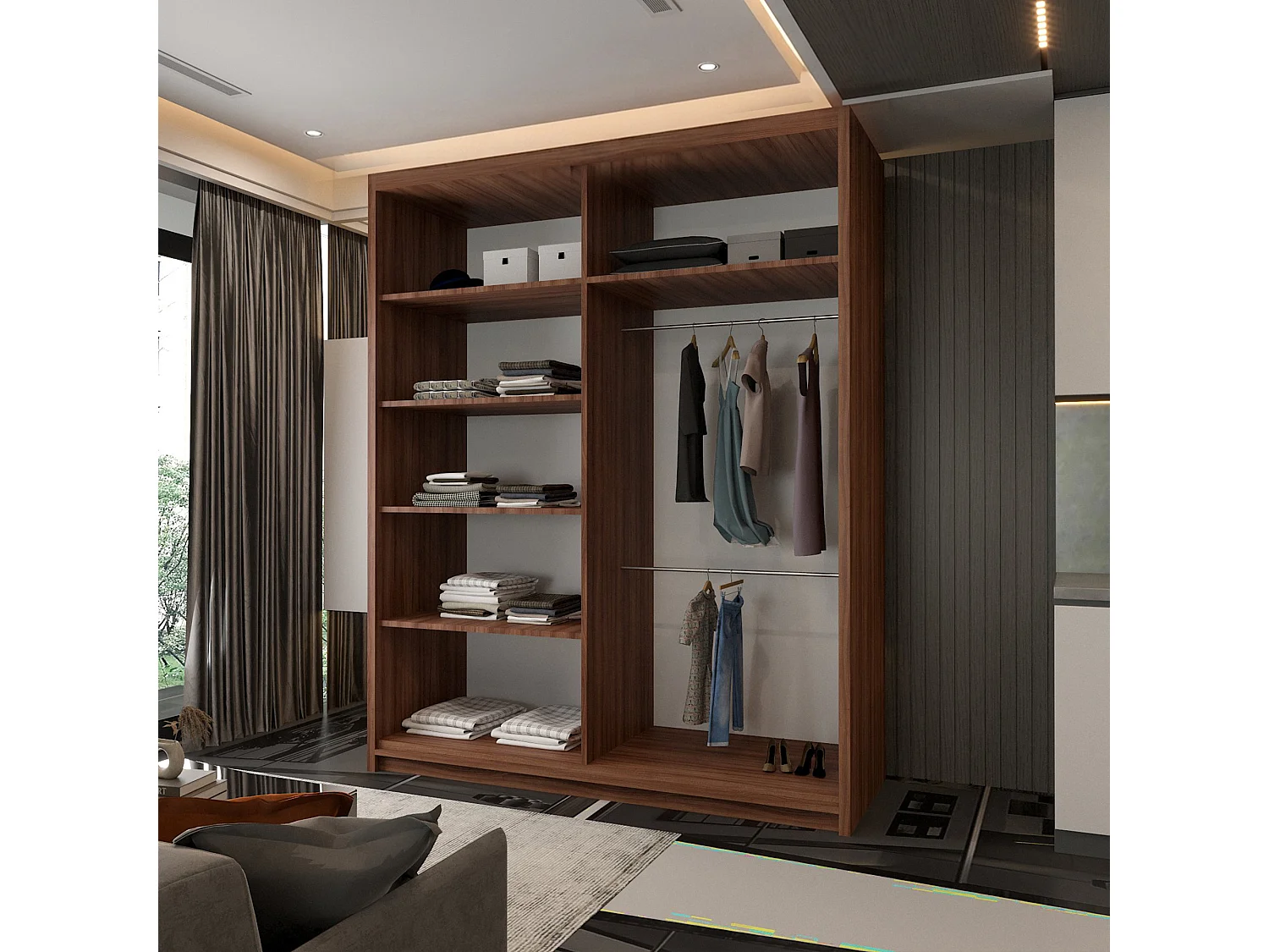 Mirror Strip Sliding Door Wardrobe with Shelves - walnut 150cm - Chennai