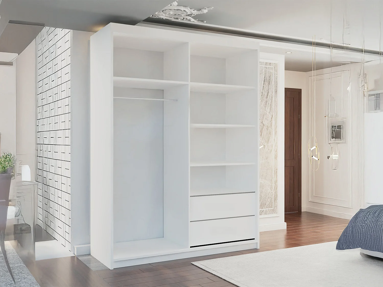 Full Mirror Sliding Door Wardrobe with Shelves & Drawers - white 150cm - Tilburg