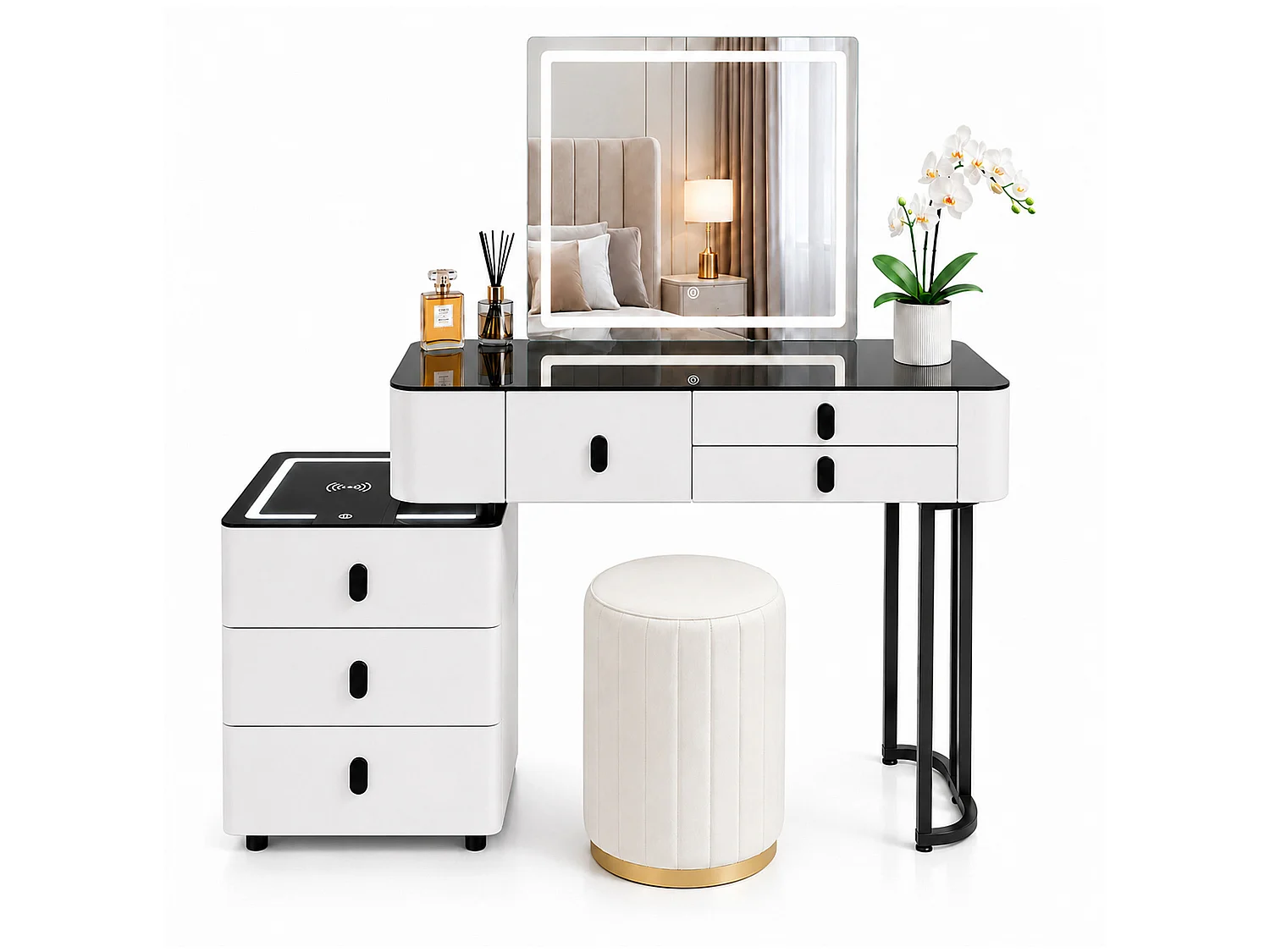 Dressing Table Set with LED Touch Mirror, Wireless Charging & speaker  - white 120cm - Smart