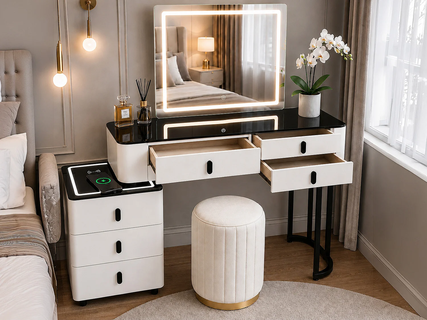 Dressing Table Set with LED Touch Mirror, Wireless Charging & speaker  - white 120cm - Smart