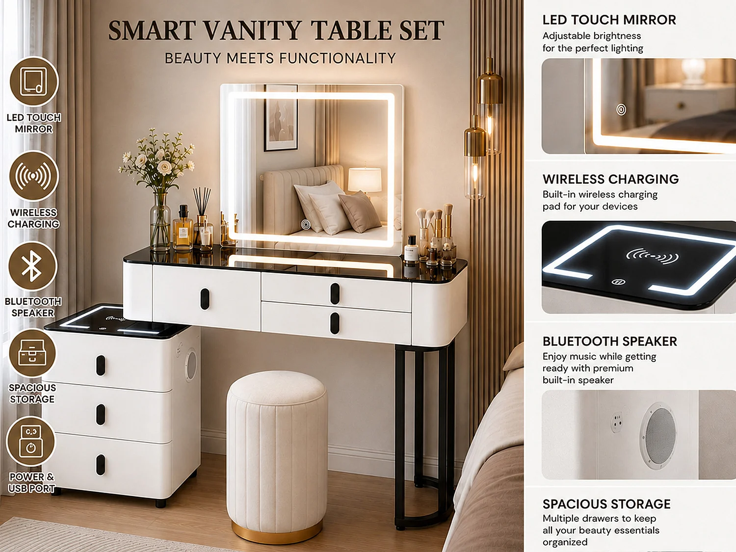 Dressing Table Set with LED Touch Mirror, Wireless Charging & speaker  - white 120cm - Smart