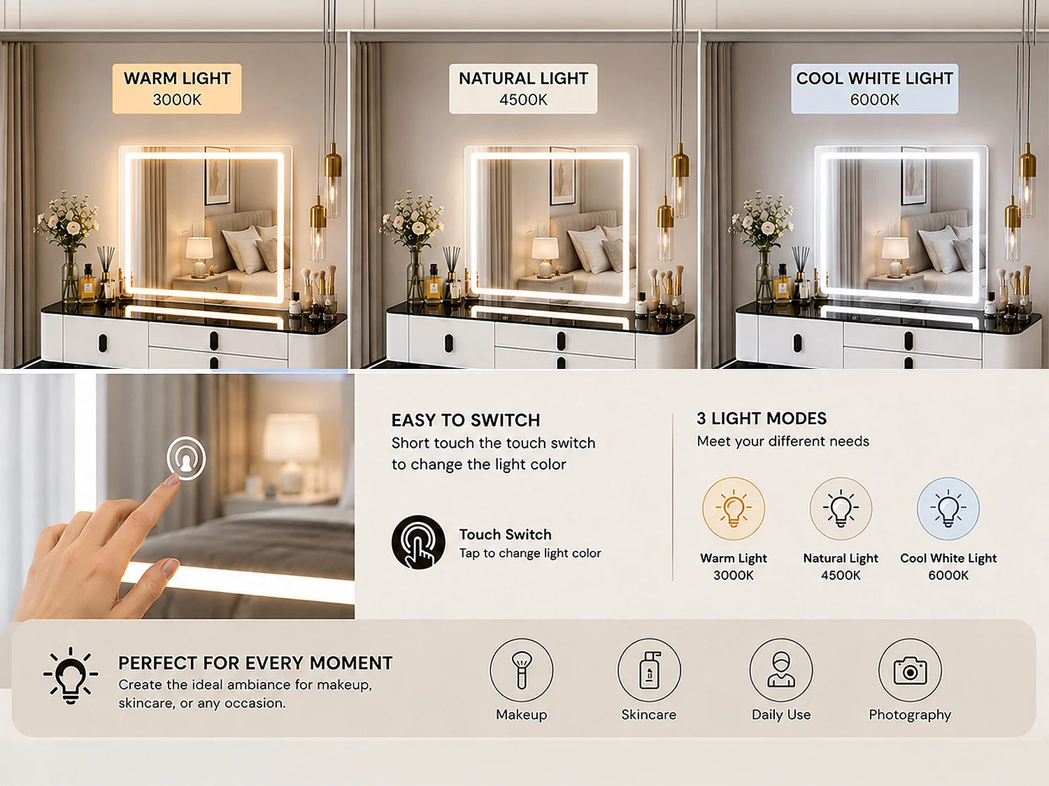 Dressing Table Set with LED Touch Mirror, Wireless Charging & speaker  - white 120cm - Smart
