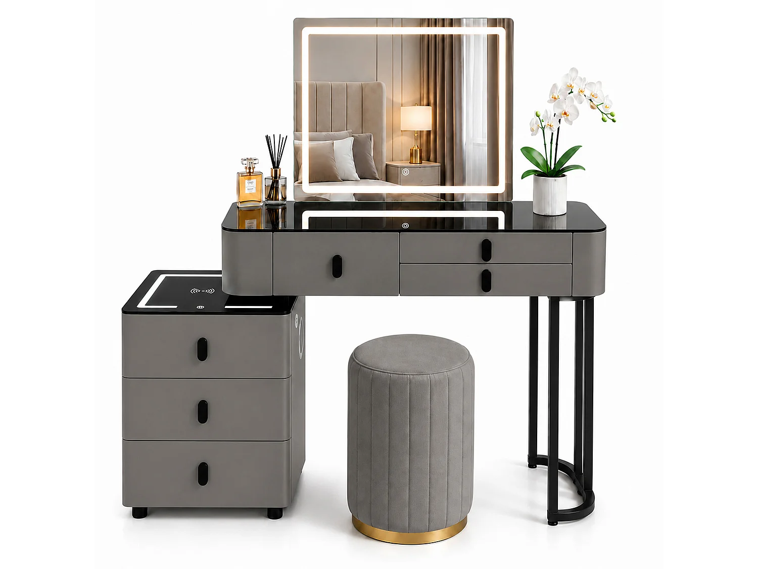 Dressing Table Set with LED Touch Mirror, Wireless Charging & speaker - grey 120cm - Smart
