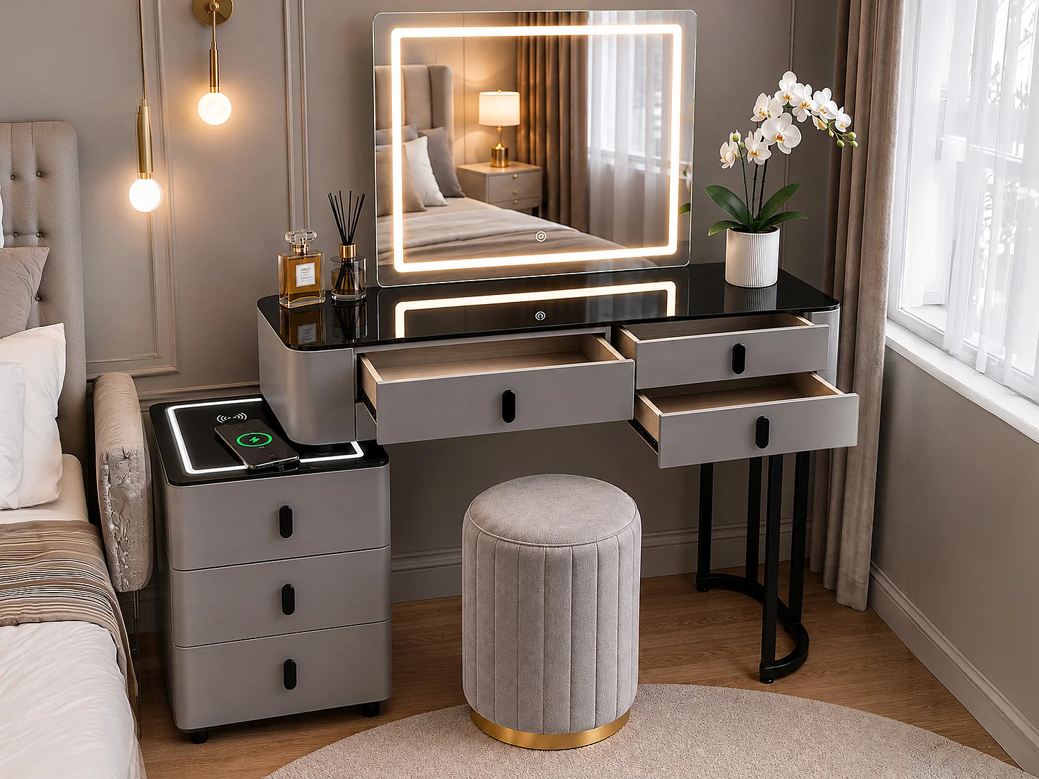 Dressing Table Set with LED Touch Mirror, Wireless Charging & speaker - grey 120cm - Smart