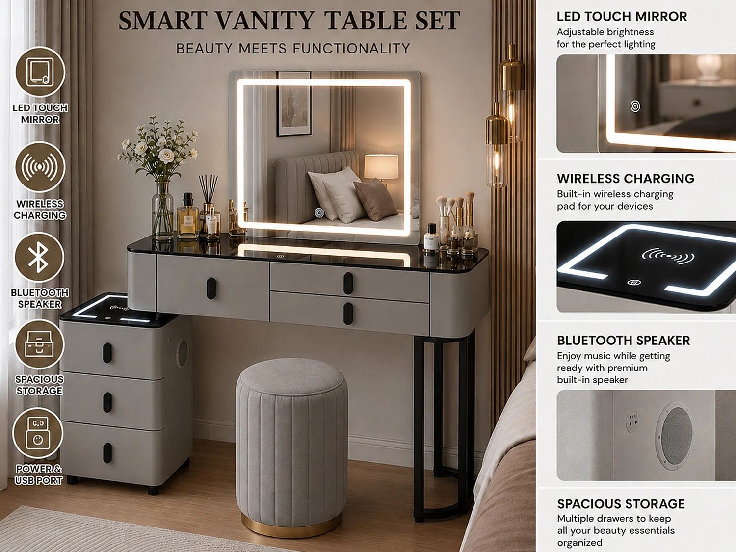 Dressing Table Set with LED Touch Mirror, Wireless Charging & speaker - grey 120cm - Smart