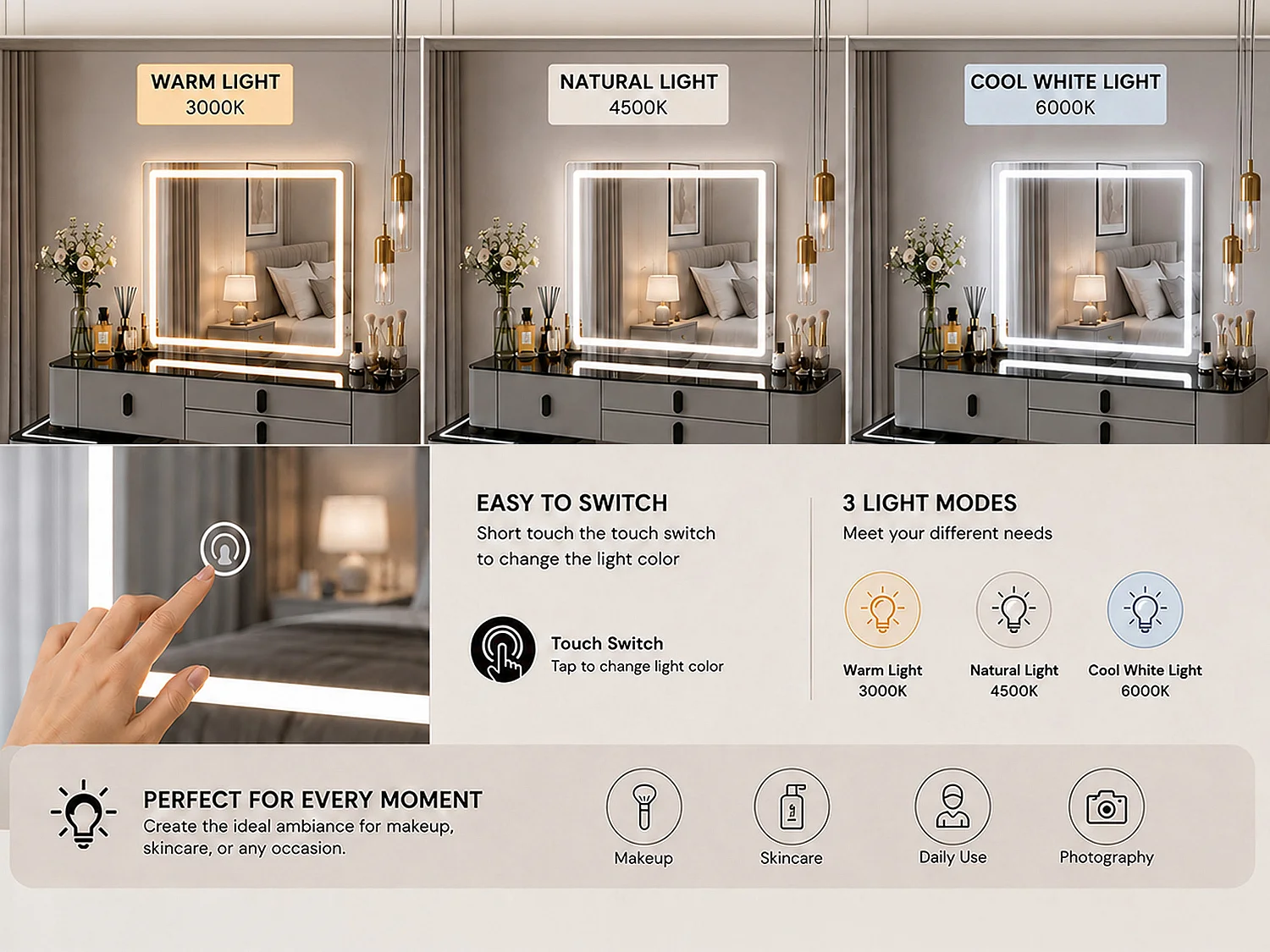 Dressing Table Set with LED Touch Mirror, Wireless Charging & speaker - grey 120cm - Smart