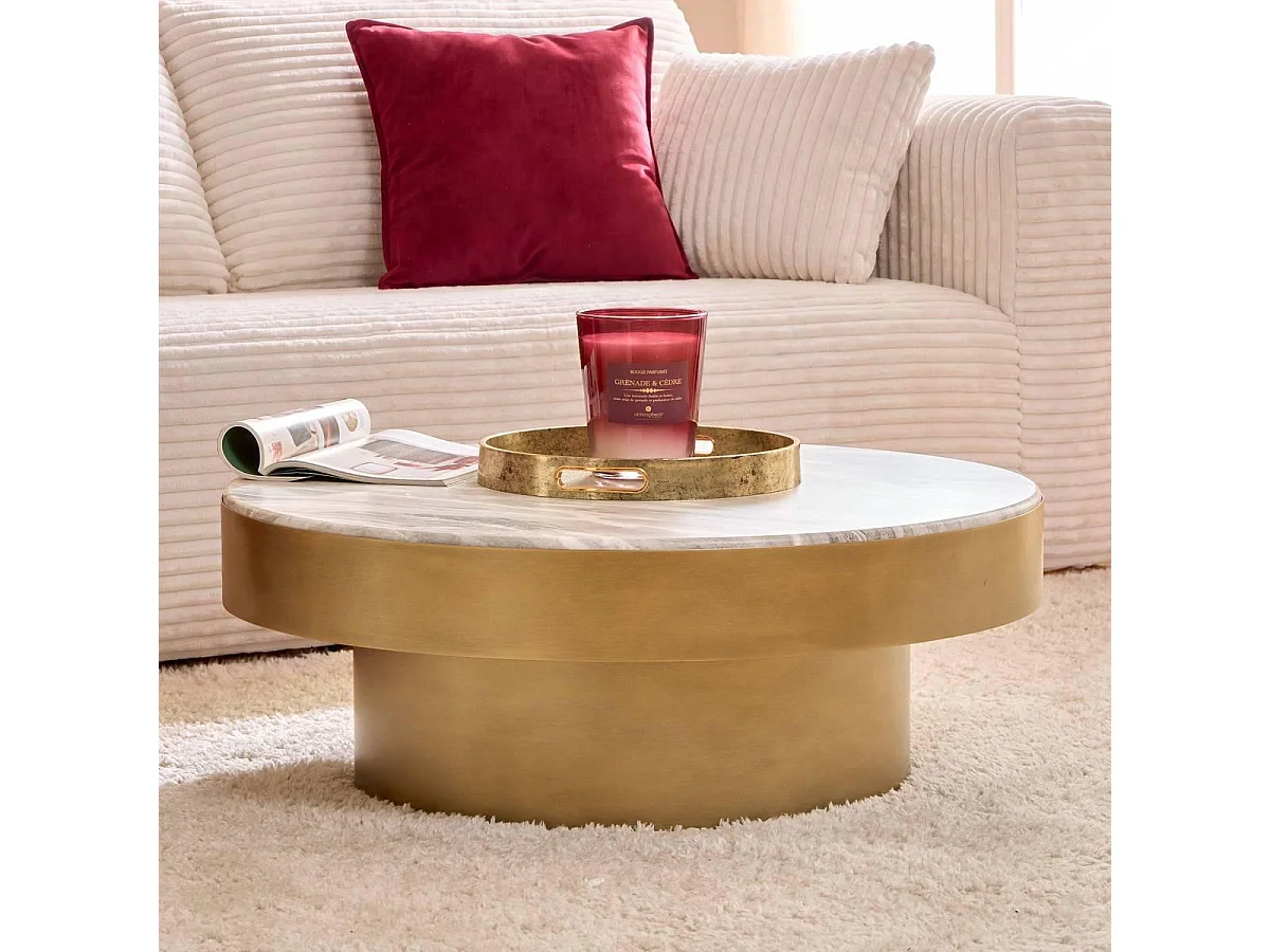 Table Basse Effet Marbre "Barrel" 80cm Doré