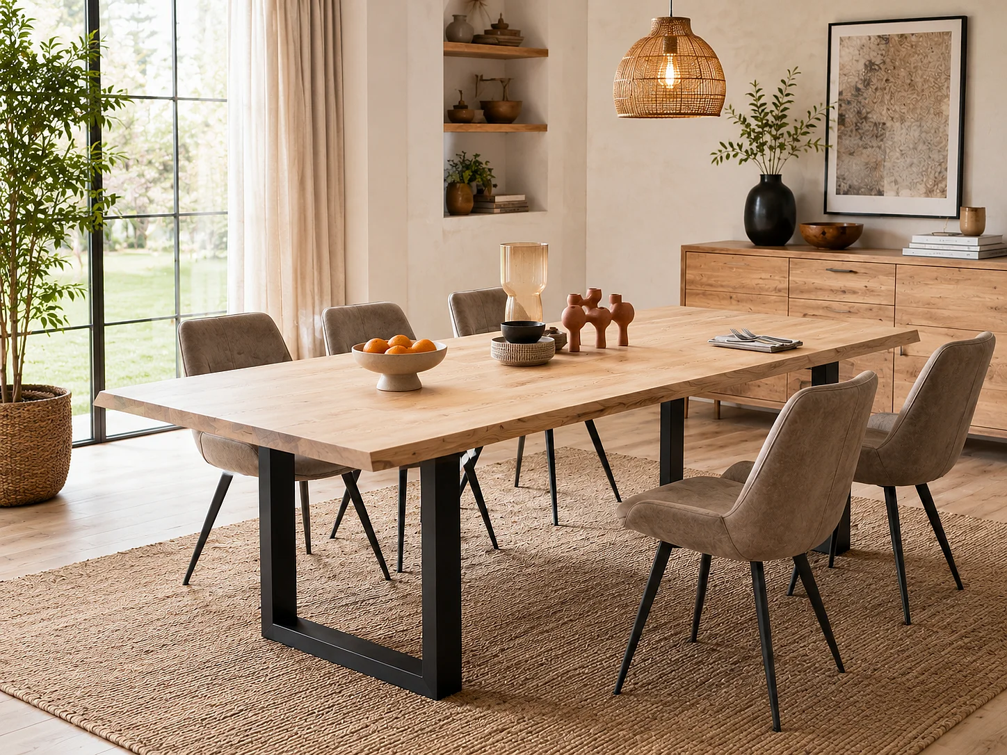 Table à manger avec bord irrégulier coloris Chêne massif naturel et pieds en métal noir   - Longueur 160 x Profondeur 90 x Hauteur 76 cm