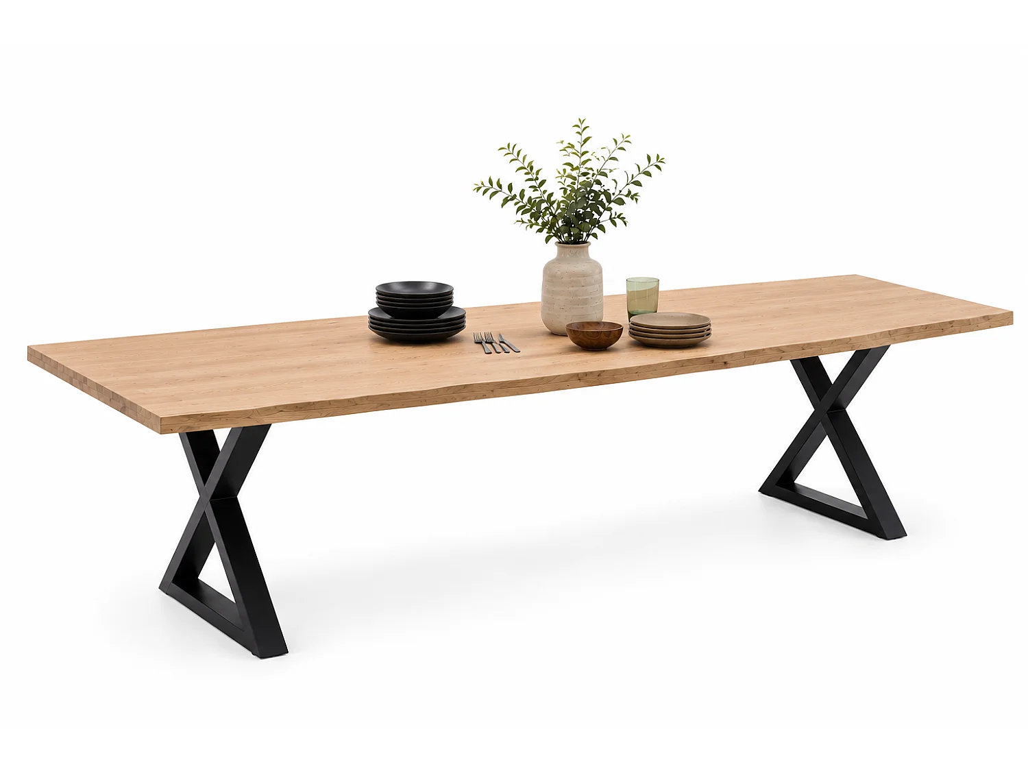 Table à manger avec bord irrégulier coloris Chêne massif et pieds en métal noir - Longueur 220 x Profondeur 100 x Hauteur 76 cm