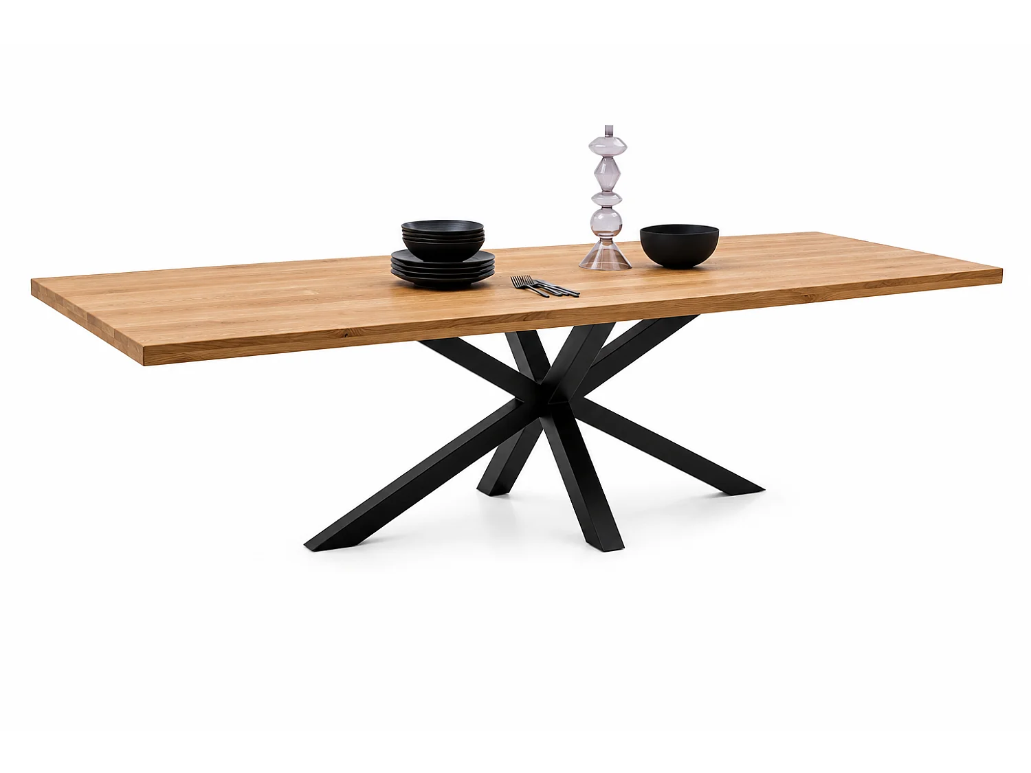 Table à manger avec bord droit coloris Chêne massif naturel et pieds en métal forme croisée - Longueur 200 x Profondeur 100 x Hauteur 76 cm