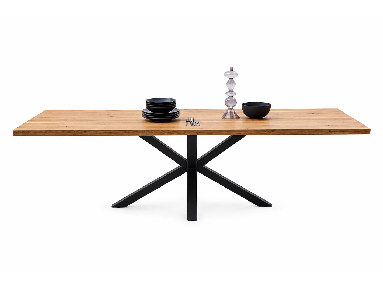 Table à manger avec bord droit coloris Chêne massif naturel et pieds en métal forme croisée - Longueur 200 x Profondeur 100 x Hauteur 76 cm