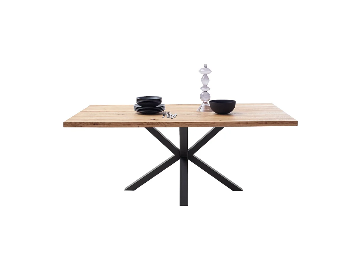 Table à manger avec bord droit coloris Chêne massif naturel et pieds en métal forme croisée - Longueur 160 x Profondeur 90 x Hauteur 76 cm