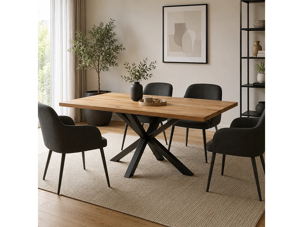 Table à manger avec bord droit coloris Chêne massif naturel et pieds en métal forme croisée - Longueur 160 x Profondeur 90 x Hauteur 76 cm
