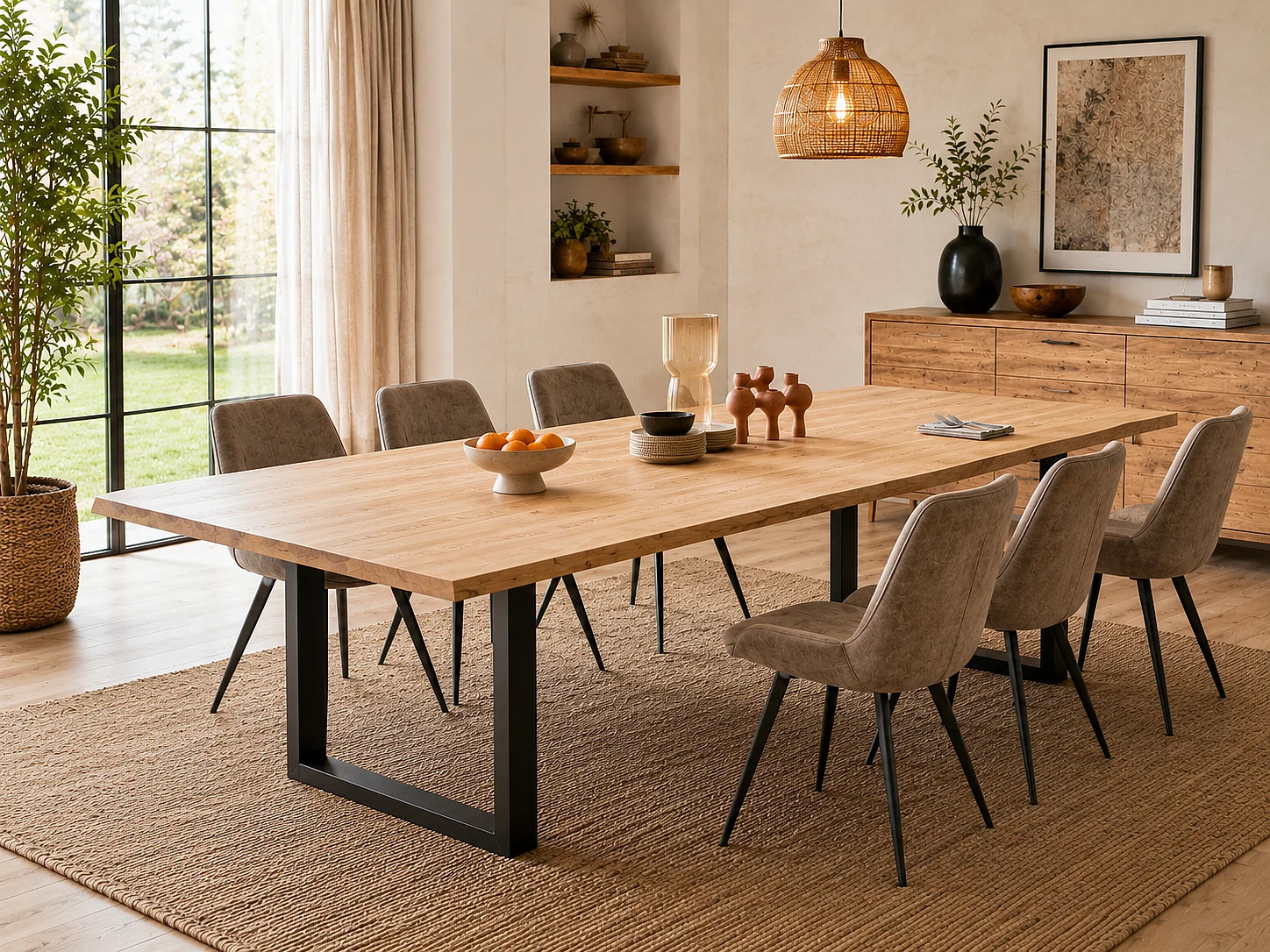 Table à manger avec bord irrégulier coloris Chêne massif naturel et pieds en métal noir  - Longueur 200 x Profondeur 100 x Hauteur 76 cm