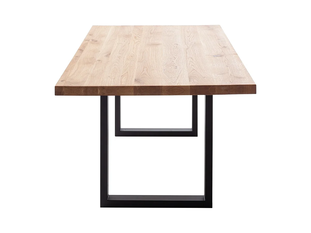 Table à manger avec bord droit coloris Chêne massif naturel et pieds en métal noir - Longueur 220 x Profondeur 100 x Hauteur 76 cm