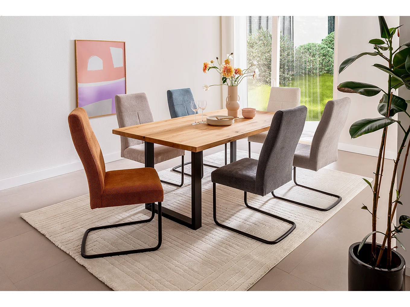 Table à manger avec bord droit coloris Chêne massif naturel et pieds en métal noir - Longueur 220 x Profondeur 100 x Hauteur 76 cm