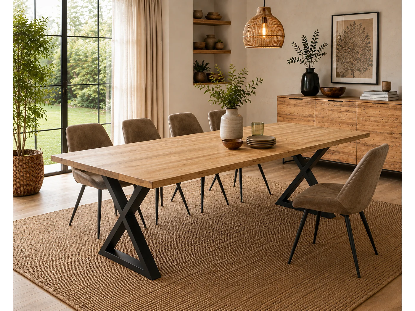 Table à manger avec bord droit coloris Chêne massif et pieds en métal noir - Longueur 220 x Profondeur 100 x Hauteur 76 cm