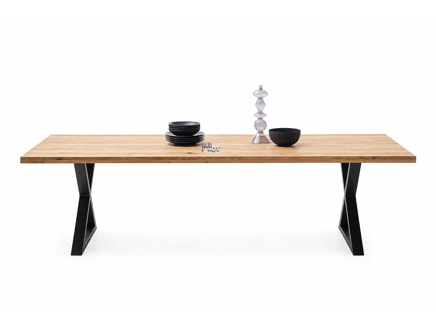 Table à manger avec bord droit coloris Chêne massif et pieds en métal noir - Longueur 220 x Profondeur 100 x Hauteur 76 cm