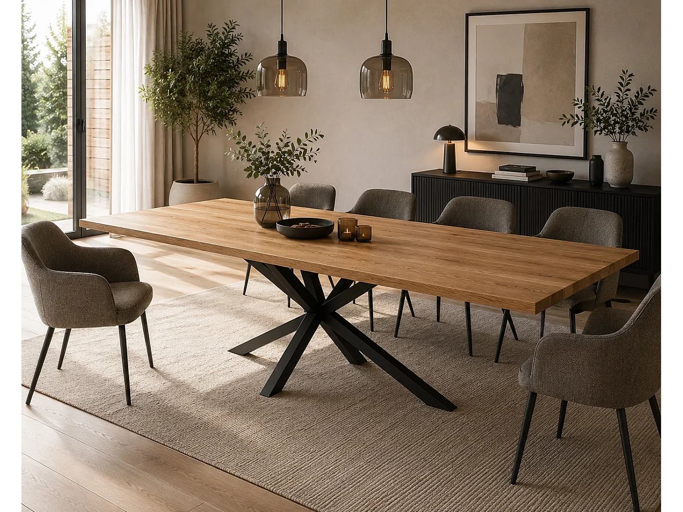 Table à manger avec bord droit coloris Chêne massif naturel et pieds en métal forme croisée - Longueur 220 x Profondeur 100 x Hauteur 76 cm