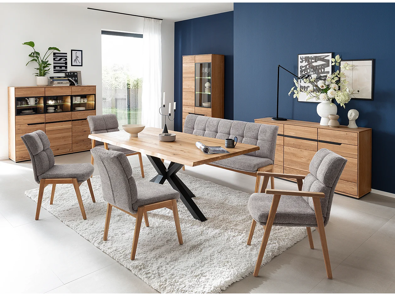 Table à manger avec bord irrégulier coloris Chêne massif naturel et pieds en métal forme croisée - Longueur 220 x Profondeur 100 x Hauteur 76 cm
