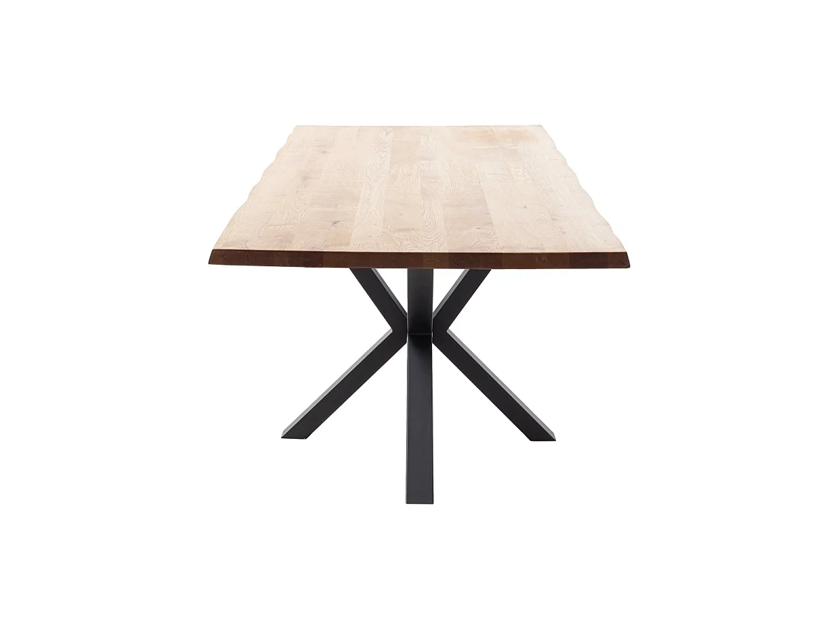Table à manger avec bord irrégulier coloris Chêne massif naturel et pieds en métal forme croisée - Longueur 160 x Profondeur 90 x Hauteur 76 cm