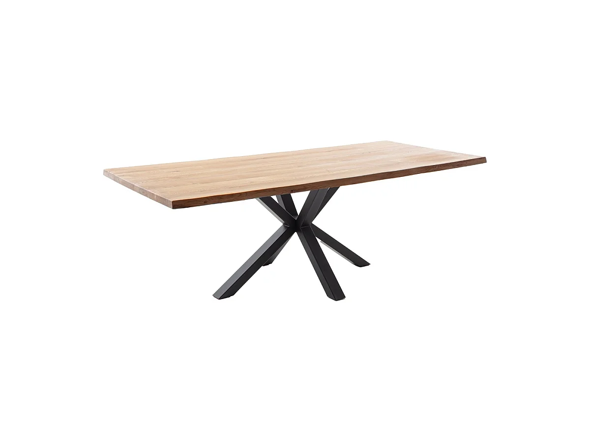 Table à manger avec bord irrégulier coloris Chêne massif naturel et pieds en métal forme croisée - Longueur 160 x Profondeur 90 x Hauteur 76 cm