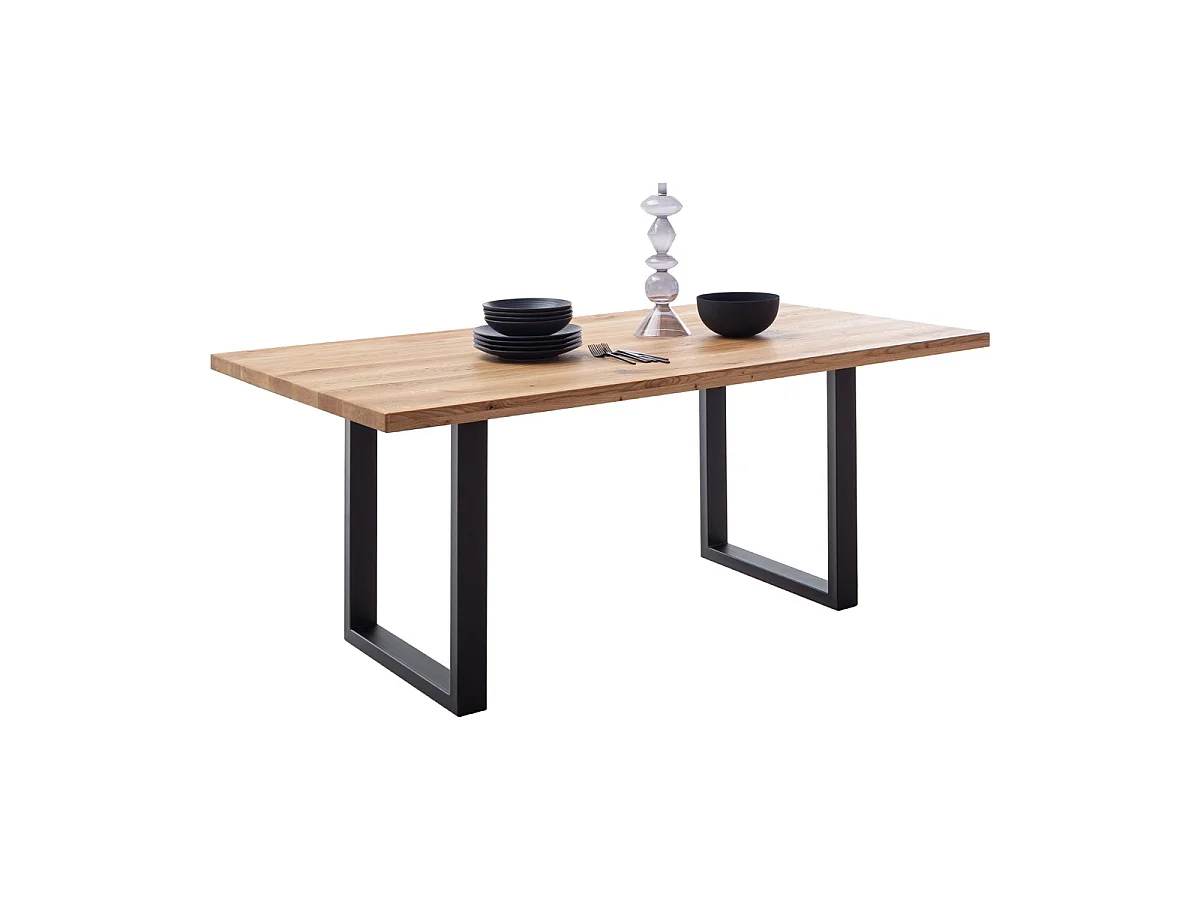 Table à manger avec bord droit coloris Chêne massif naturel et pieds en métal noir  - Longueur 180 x Profondeur 100 x Hauteur 76 cm