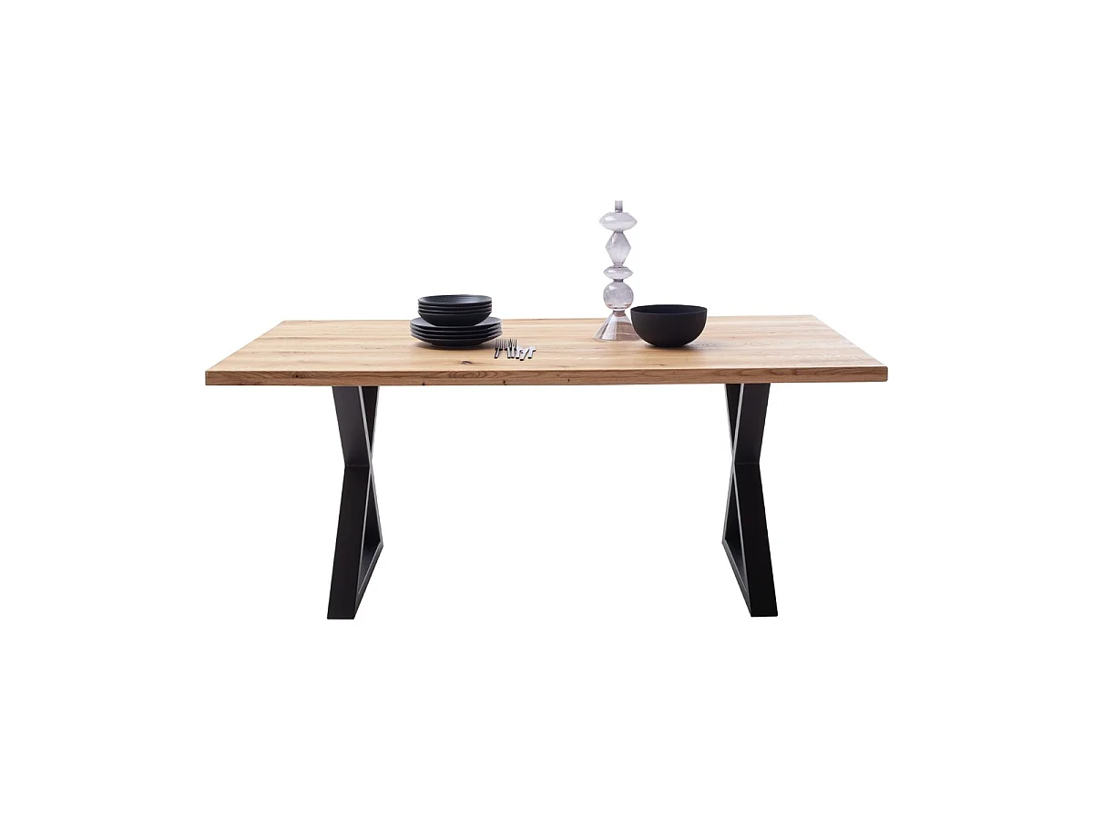 Table à manger avec bord droit coloris Chêne massif et pieds en métal noir  - Longueur 180 x Profondeur 100 x Hauteur 76 cm