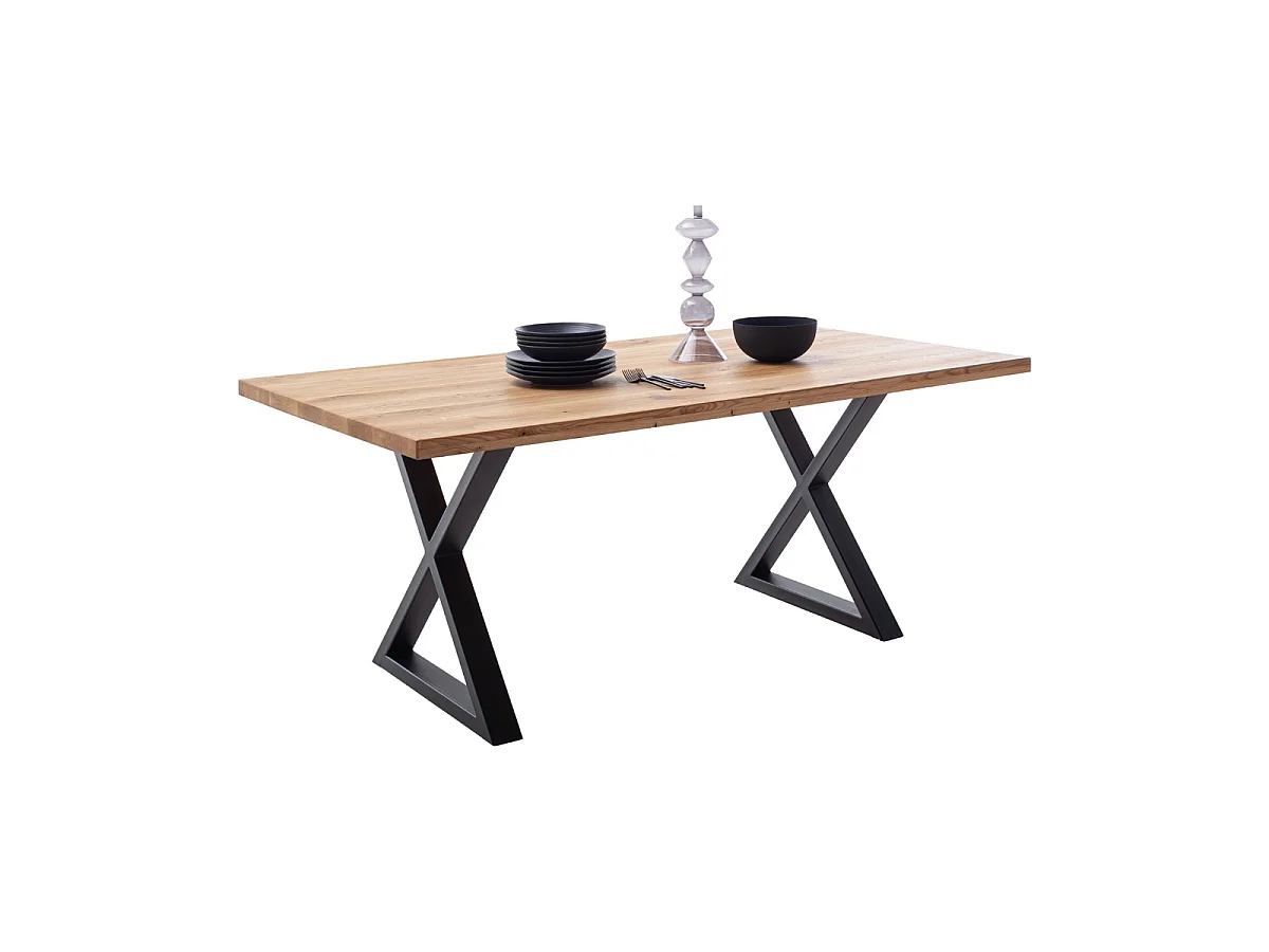 Table à manger avec bord droit coloris Chêne massif et pieds en métal noir  - Longueur 180 x Profondeur 100 x Hauteur 76 cm