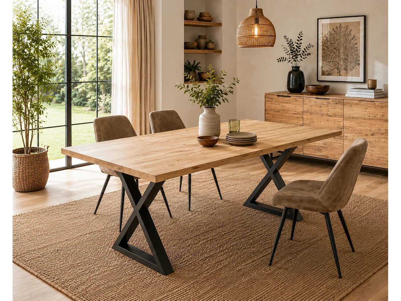 Table à manger avec bord droit coloris Chêne massif et pieds en métal noir  - Longueur 180 x Profondeur 100 x Hauteur 76 cm