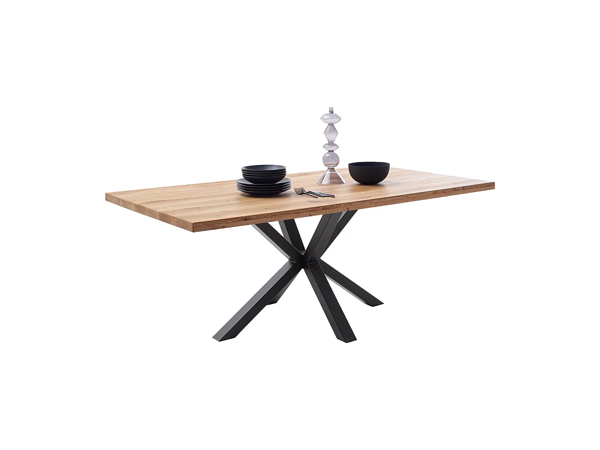 Table à manger avec bord droit coloris Chêne massif naturel et pieds en métal forme croisée - Longueur 180 x Profondeur 100 x Hauteur 76 cm