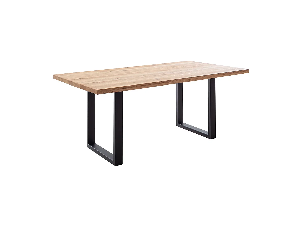 Table à manger avec bord droit coloris Chêne massif naturel et pieds en métal noir - Longueur 160 x Profondeur 90 x Hauteur 76 cm