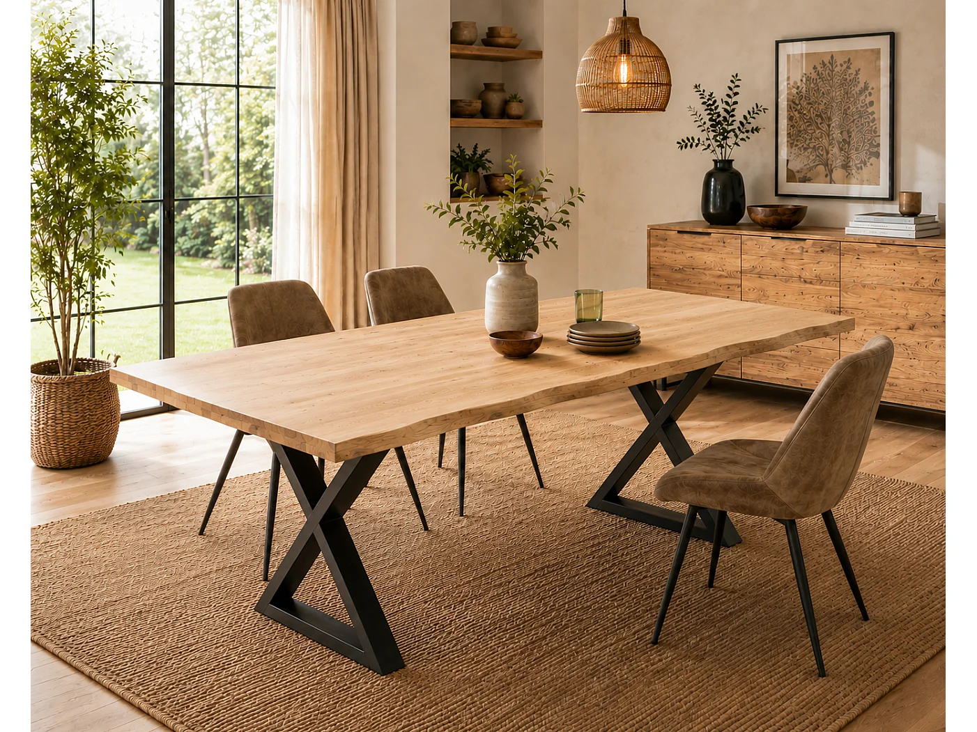Table à manger avec bord irrégulier coloris Chêne massif et pieds en métal noir  - Longueur 180 x Profondeur 100 x Hauteur 76 cm