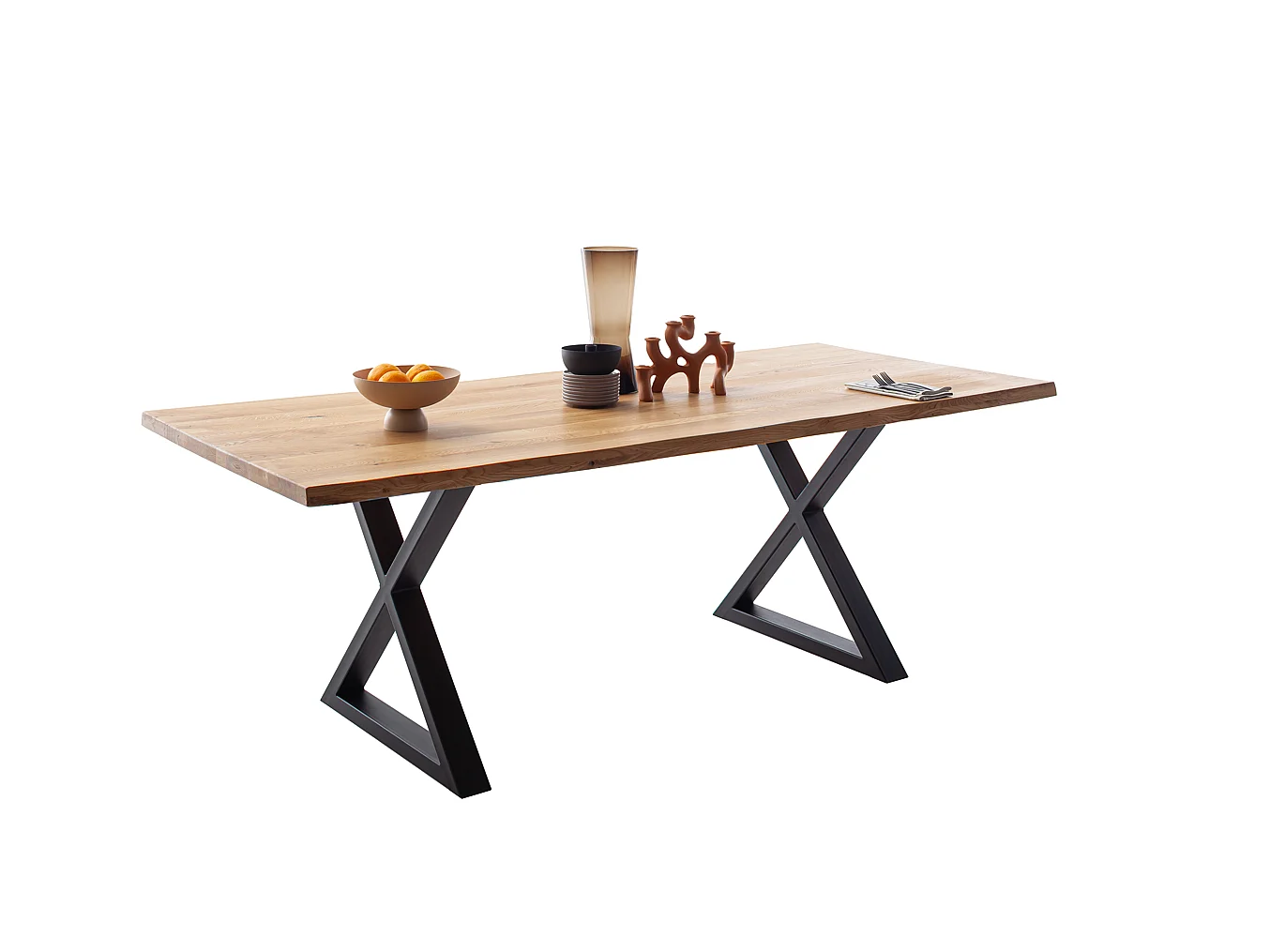 Table à manger avec bord irrégulier coloris Chêne massif et pieds en métal noir   - Longueur 160 x Profondeur 90 x Hauteur 76 cm
