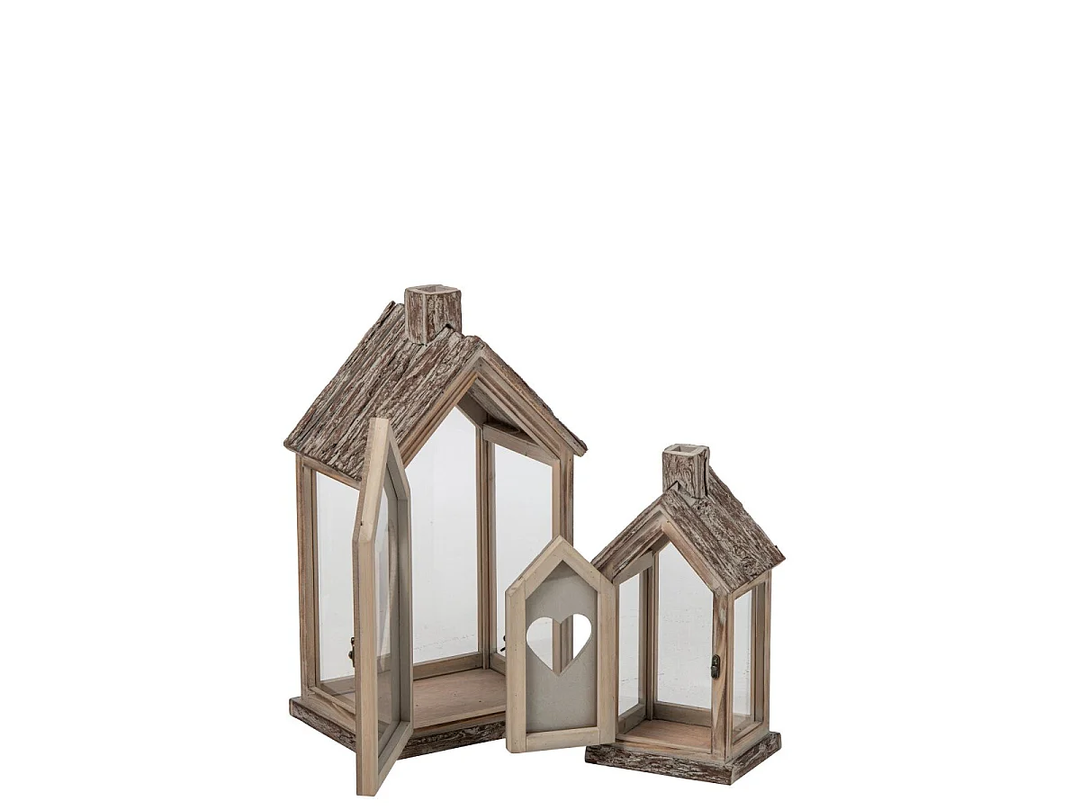 Lot de 2 Lanternes Maison en Bois "Cœur" 49cm Naturel