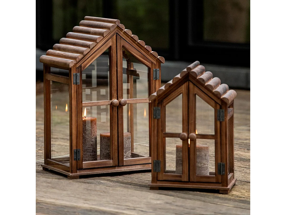 Lot de 2 Lanternes Maison en Bois "Kaspar" 49cm Marron