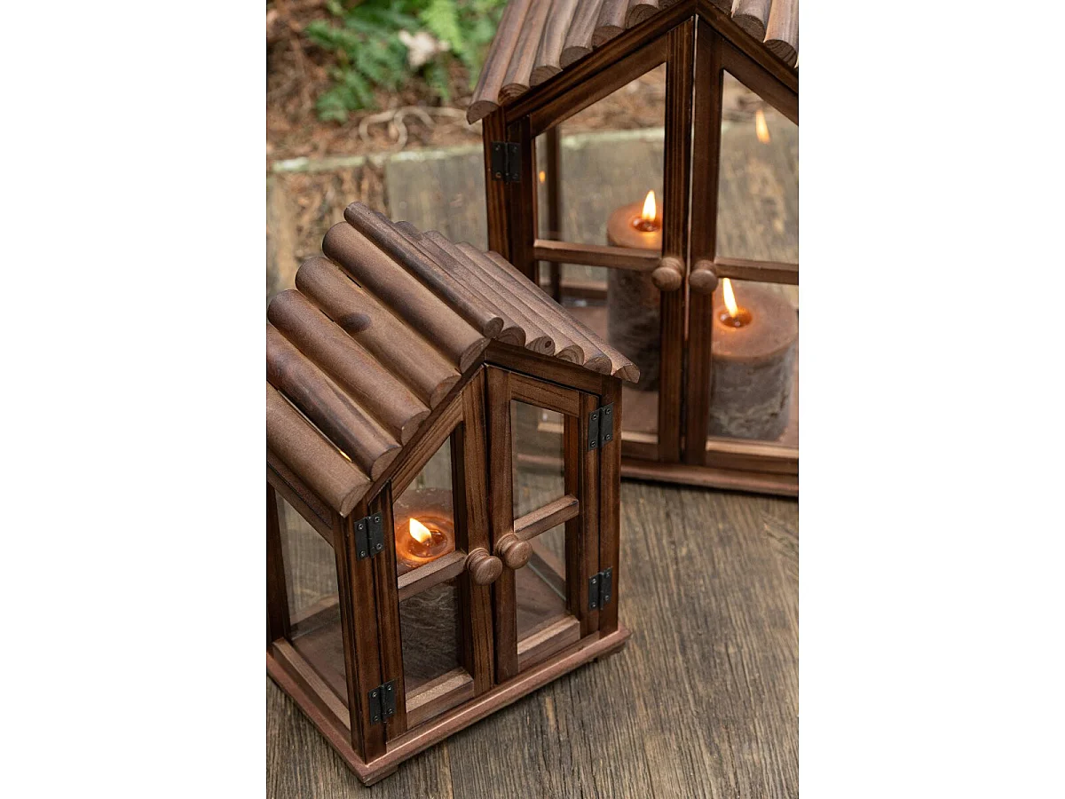 Lot de 2 Lanternes Maison en Bois "Kaspar" 49cm Marron