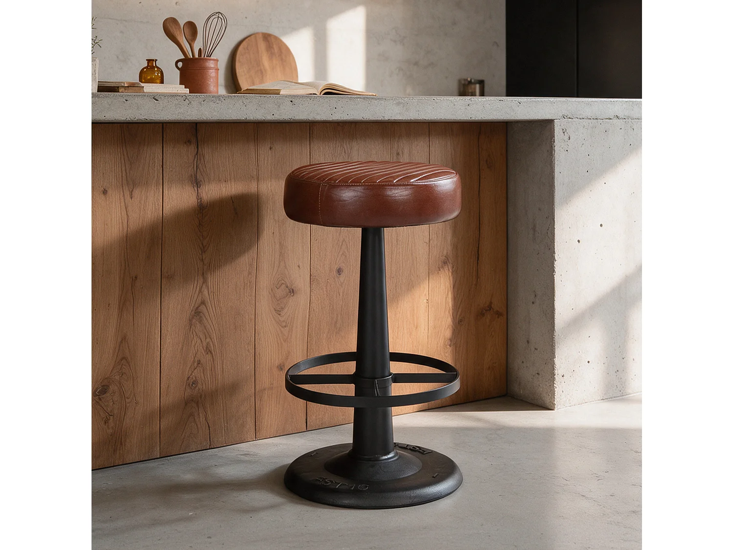 Sgabello per isola 65 cm in pelle di bufalo marrone scuro - Lucien