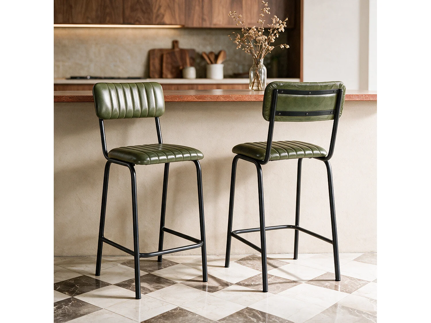 Lot de 2 chaises pour îlot central 65 cm en cuir de buffle vert - Arsène