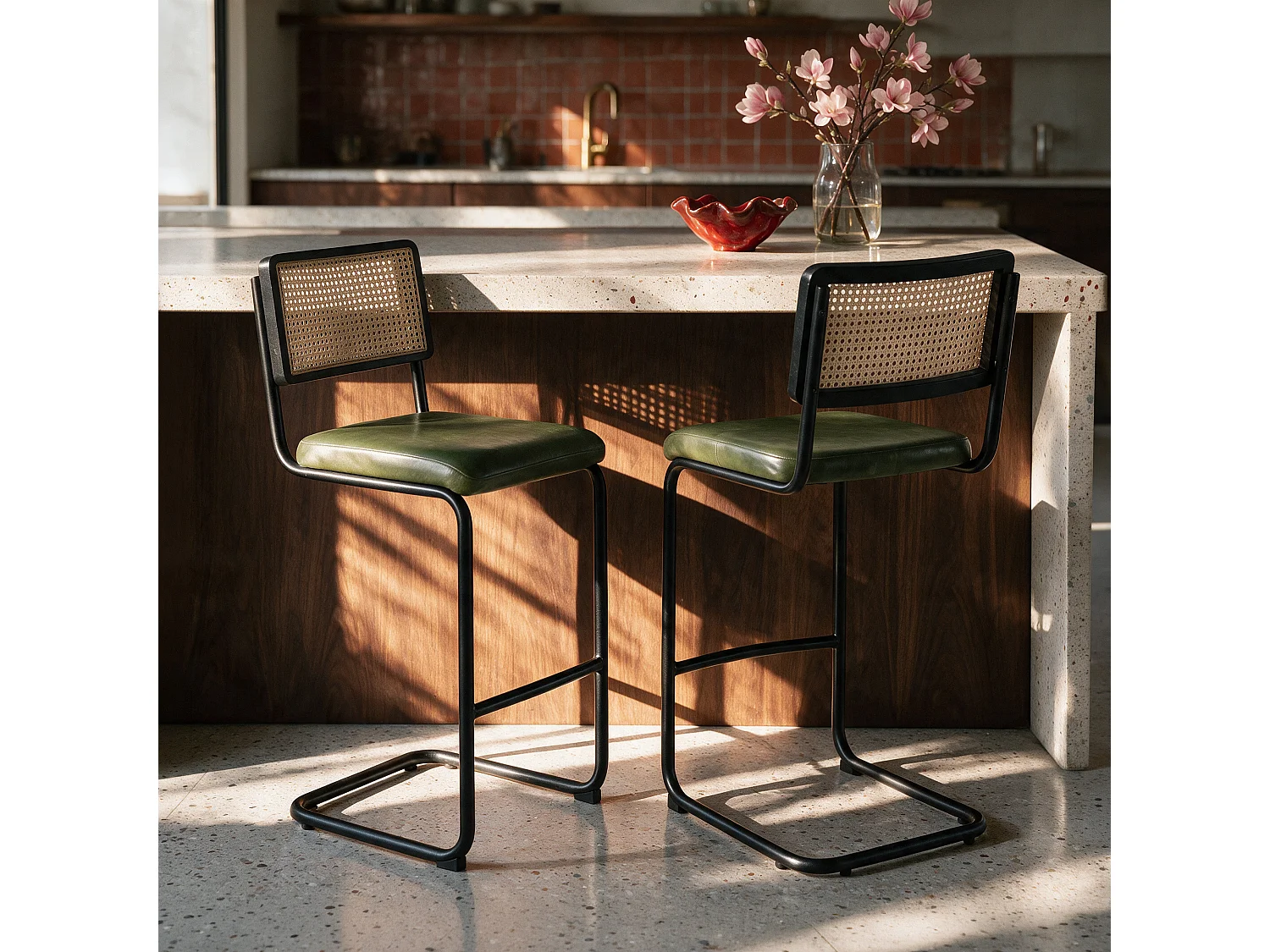 Lot de 2 chaises de bar 76 cm en cannage et cuir vert - Léandre