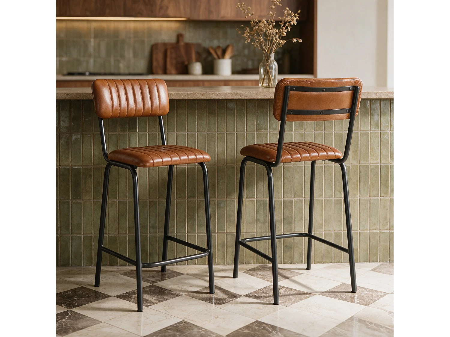 Set di 2 sedie da bar, isola 65 cm, pelle bufalo marrone - Arsène