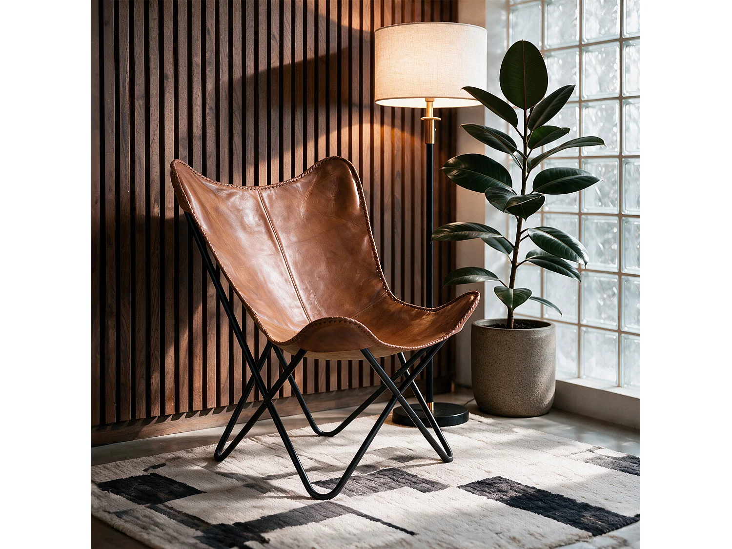 Sillón mariposa de cuero de búfalo marrón - Octave