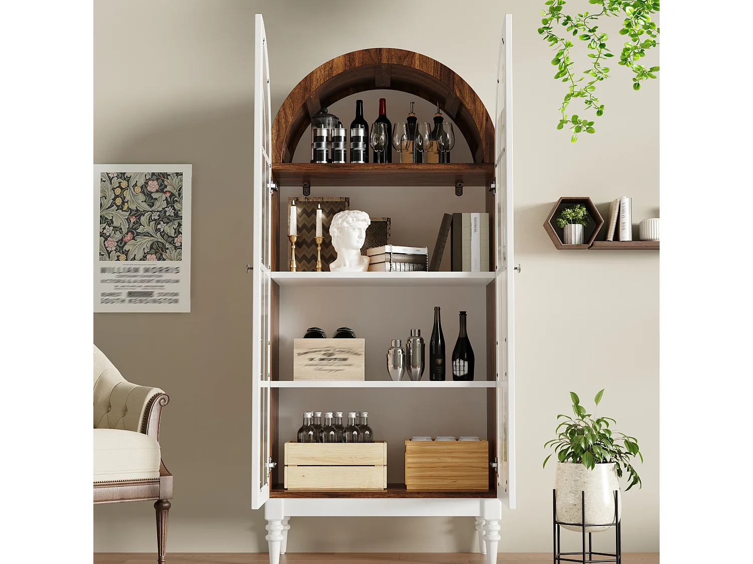 Vitrine cintrée de 165 cm avec 2 porte en verre - Blanc et naturel foncé