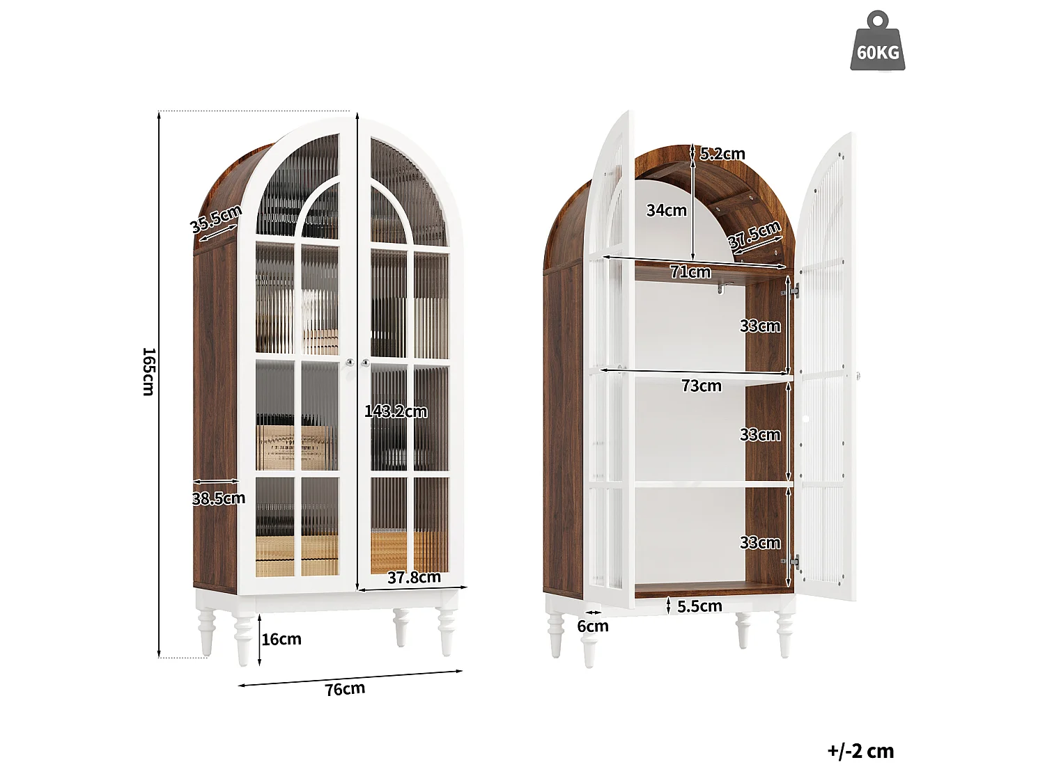 Vitrine cintrée de 165 cm avec 2 porte en verre - Blanc et naturel foncé