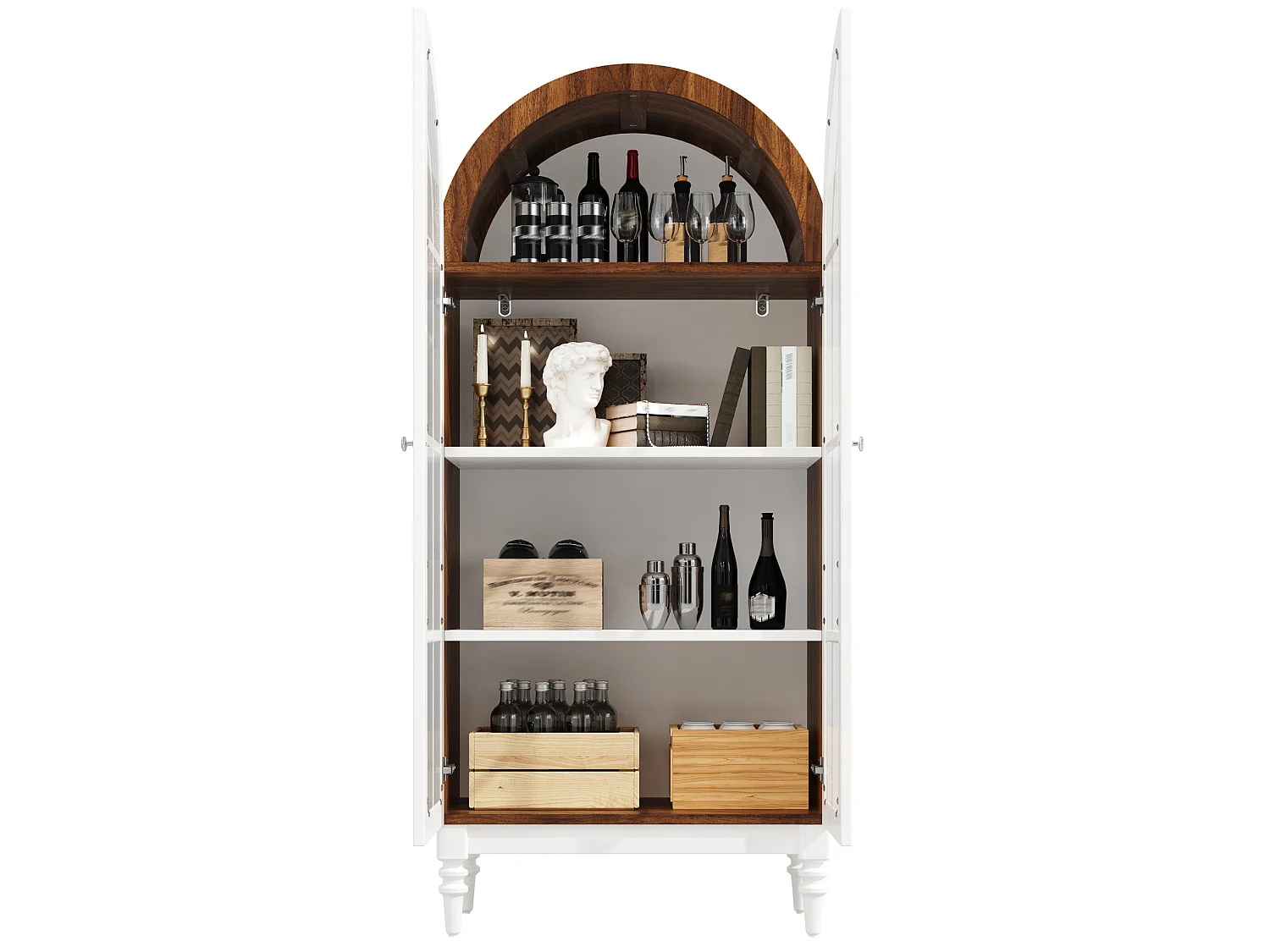 Vitrine cintrée de 165 cm avec 2 porte en verre - Blanc et naturel foncé