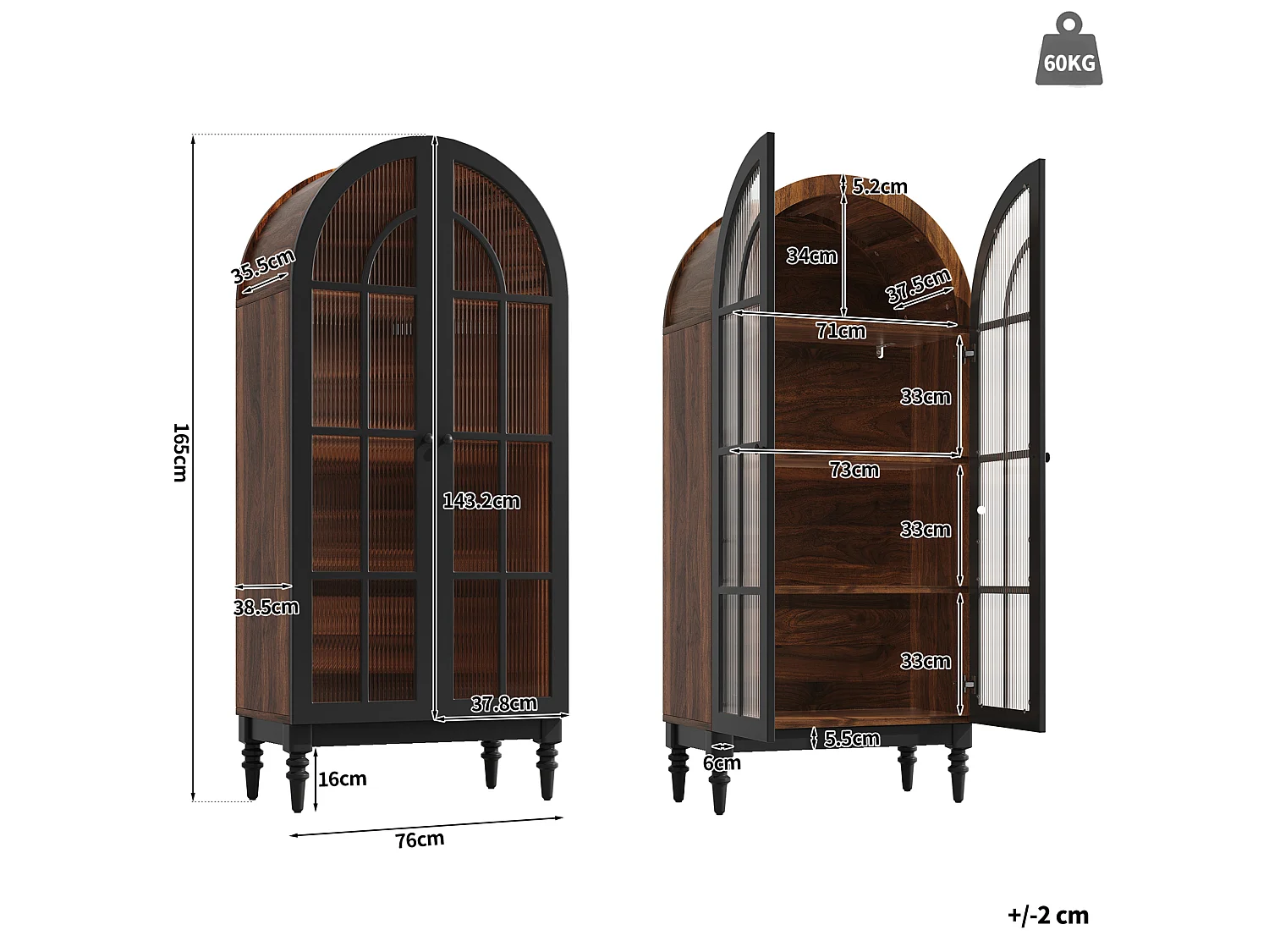 Vitrina curva de 165 cm con 2 puertas de cristal - Marrón y negro