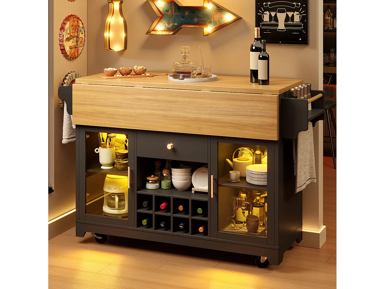 Îlot de cuisine avec éclairage LED et casier à vin mobile - Noir